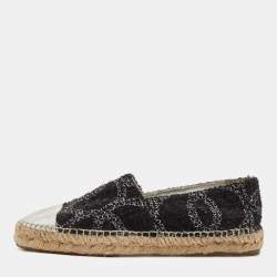 Pre Owned Chanel Black/Silver Tweed and Leather Cap Toe CC Espadrille Flats Size 39