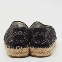 Pre Owned Chanel Black/Silver Tweed and Leather Cap Toe CC Espadrille Flats Size 39