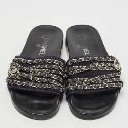 Chanel Blue Tweed and Leather Tropiconic Chain Slides Flats Size 37