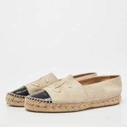 Pre Owned Chanel Light Beige/Black Crackle Leather And Patent CC Cap Toe Espadrilles Size 40