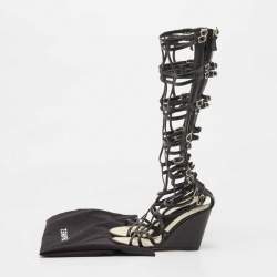 Chanel Black Leather Interlocking CC Logo Gladiator Sandals Size 37.5