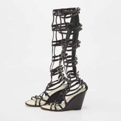 Chanel Black Leather Interlocking CC Logo Gladiator Sandals Size 37.5