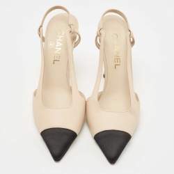 Chanel Cream/Black Leather And Satin Cap-Toe Slingback Pumps Size 37