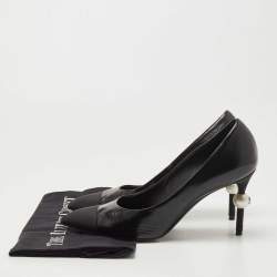 Pre Owned Chanel Black Leather and Fabric Faux Pearl Cap-Toe Pointed-Toe Pumps Size 37.5
