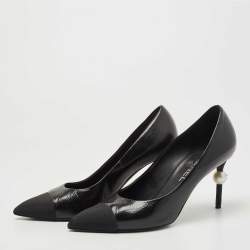 Pre Owned Chanel Black Leather and Fabric Faux Pearl Cap-Toe Pointed-Toe Pumps Size 37.5