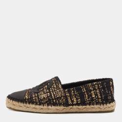 Pre Owned Chanel Gold/Black Woven Fabric CC Espadrille Flats Size 38