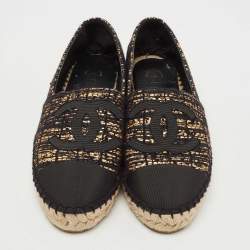 Pre Owned Chanel Gold/Black Woven Fabric CC Espadrille Flats Size 38