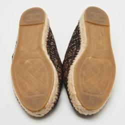 Pre Owned Chanel Gold/Black Woven Fabric CC Espadrille Flats Size 38
