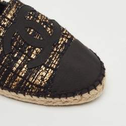 Pre Owned Chanel Gold/Black Woven Fabric CC Espadrille Flats Size 38