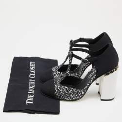 Chanel Black/Silver Woven Leather and Fabric T-Strap Pumps Size 39
