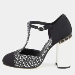 Chanel Black/Silver Woven Leather and Fabric T-Strap Pumps Size 39