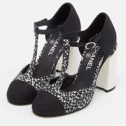 Chanel Black/Silver Woven Leather and Fabric T-Strap Pumps Size 39