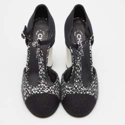 Chanel Black/Silver Woven Leather and Fabric T-Strap Pumps Size 39