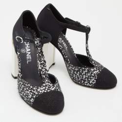 Chanel Black/Silver Woven Leather and Fabric T-Strap Pumps Size 39