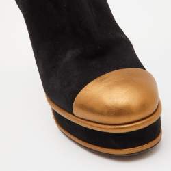 Pre Owned Chanel Black/Gold Suede and Leather Cap Toe Platform Ankle Boots Size 39