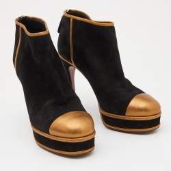 Pre Owned Chanel Black/Gold Suede and Leather Cap Toe Platform Ankle Boots Size 39