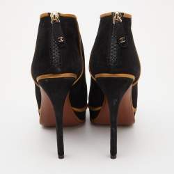 Pre Owned Chanel Black/Gold Suede and Leather Cap Toe Platform Ankle Boots Size 39