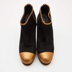 Pre Owned Chanel Black/Gold Suede and Leather Cap Toe Platform Ankle Boots Size 39
