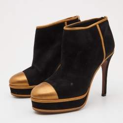 Pre Owned Chanel Black/Gold Suede and Leather Cap Toe Platform Ankle Boots Size 39