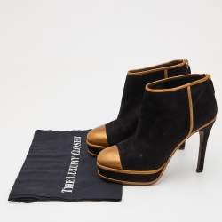 Pre Owned Chanel Black/Gold Suede and Leather Cap Toe Platform Ankle Boots Size 39