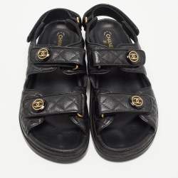 Chanel Black Quilted Leather CC Dad Flat Sandals Size 38.5