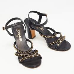 Chanel Black Leather CC Chain Detail Strappy Sandals Size 37