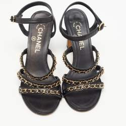 Chanel Black Leather CC Chain Detail Strappy Sandals Size 37