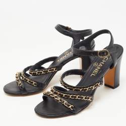 Chanel Black Leather CC Chain Detail Strappy Sandals Size 37