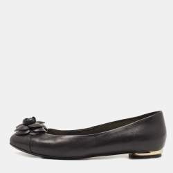 Pre Owned Chanel Black Leather Camelia Ballet Flats Size 38.5