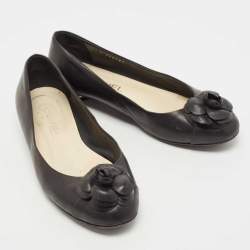 Pre Owned Chanel Black Leather Camelia Ballet Flats Size 38.5
