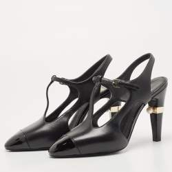 Pre Owned Chanel Black Leather CC Logo T-Strap Pumps Size 36