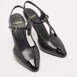 Pre Owned Chanel Black Leather CC Logo T-Strap Pumps Size 36