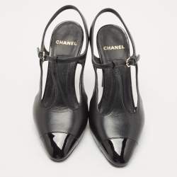 Pre Owned Chanel Black Leather CC Logo T-Strap Pumps Size 36