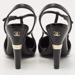 Pre Owned Chanel Black Leather CC Logo T-Strap Pumps Size 36