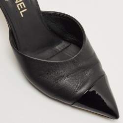 Pre Owned Chanel Black /Grey Patent and Leather CC Faux Pearl Embellished Mules Size 39.5 