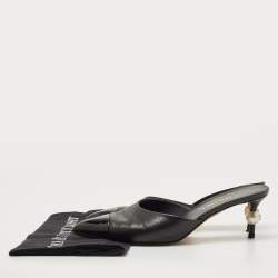 Pre Owned Chanel Black /Grey Patent and Leather CC Faux Pearl Embellished Mules Size 39.5 