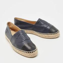 Chanel Two Tone Leather CC Cap Toe Espadrille Flats Size 37 