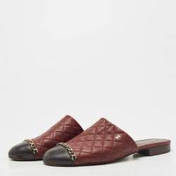 Chanel Burgundy/Black Quilted Leather Chain Detail Mules Size 39.5