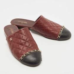 Chanel Burgundy/Black Quilted Leather Chain Detail Mules Size 39.5
