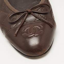 Pre Owned Chanel Dark Brown Quilted Leather CC Bow Ballet Flats Size 37.5