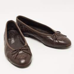 Pre Owned Chanel Dark Brown Quilted Leather CC Bow Ballet Flats Size 37.5