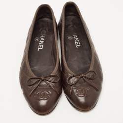 Pre Owned Chanel Dark Brown Quilted Leather CC Bow Ballet Flats Size 37.5