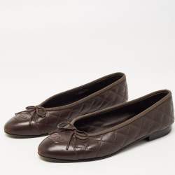 Pre Owned Chanel Dark Brown Quilted Leather CC Bow Ballet Flats Size 37.5