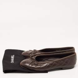 Pre Owned Chanel Dark Brown Quilted Leather CC Bow Ballet Flats Size 37.5