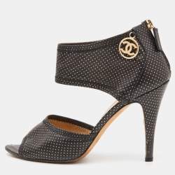 Pre Owned Chanel Black Leather Metallic Polka Dot Peep Toe Sandals Size 39