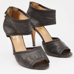 Pre Owned Chanel Black Leather Metallic Polka Dot Peep Toe Sandals Size 39