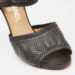 Pre Owned Chanel Black Leather Metallic Polka Dot Peep Toe Sandals Size 39