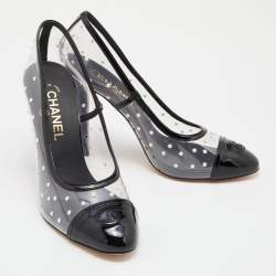Chanel Black/Transparent Patent Leather and PVC Pearl Embellished Cap Toe Pumps Size 39