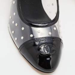 Chanel Black/Transparent Patent Leather and PVC Pearl Embellished Cap Toe Pumps Size 39