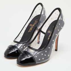 Chanel Black/Transparent Patent Leather and PVC Pearl Embellished Cap Toe Pumps Size 39